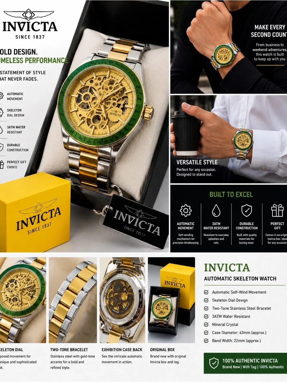Invicta Two-Tone Gold and Green Automatic Skeleton Watch